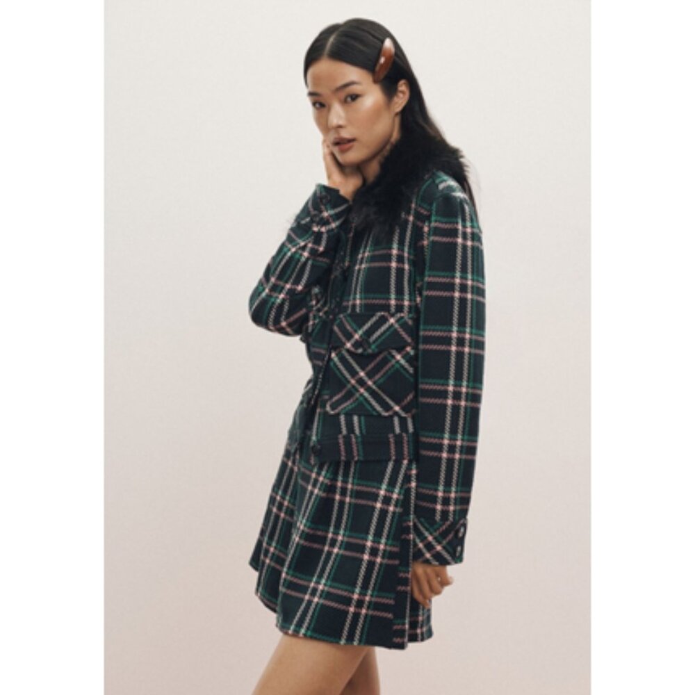 NWT-Anthropologie-Maeve Plaid Crop Faux Fur Collar Coat - Dark Green - L